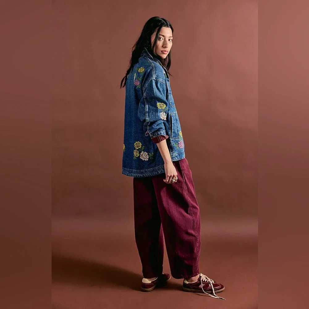 New Free People We The Free Madison City Embroidered Denim Jacket Chore Coat XS - Picture 4 of 11